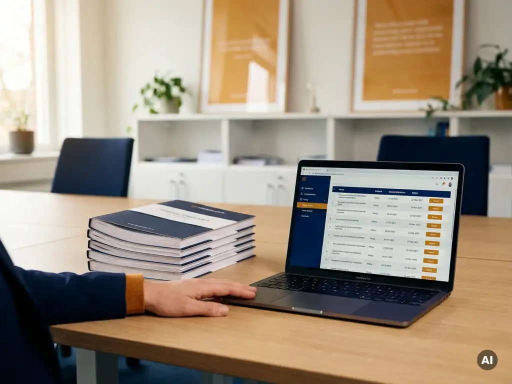 Stapel compliance-documenten naast laptop met beleidsdata op bureau in modern Nederlands kantoor, professionele hand rustend op tafel.