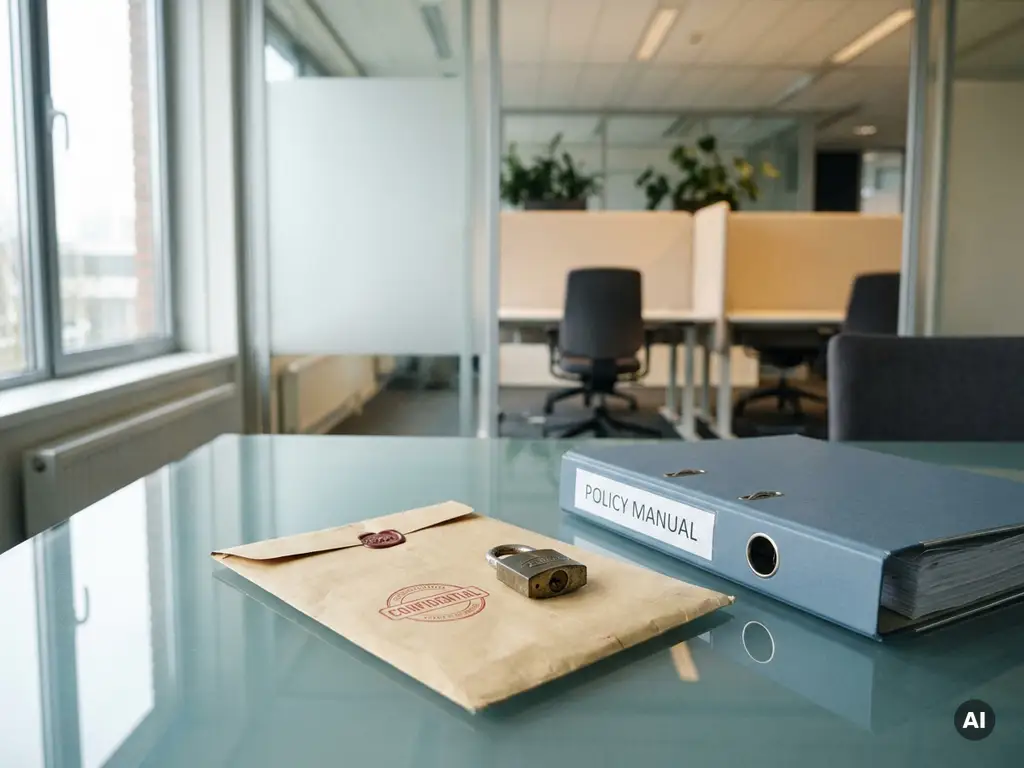 Verzegelde manila envelop met privacyzegel en hangslot naast beleidsbinder op glazen bureau in modern Nederlands kantoor.