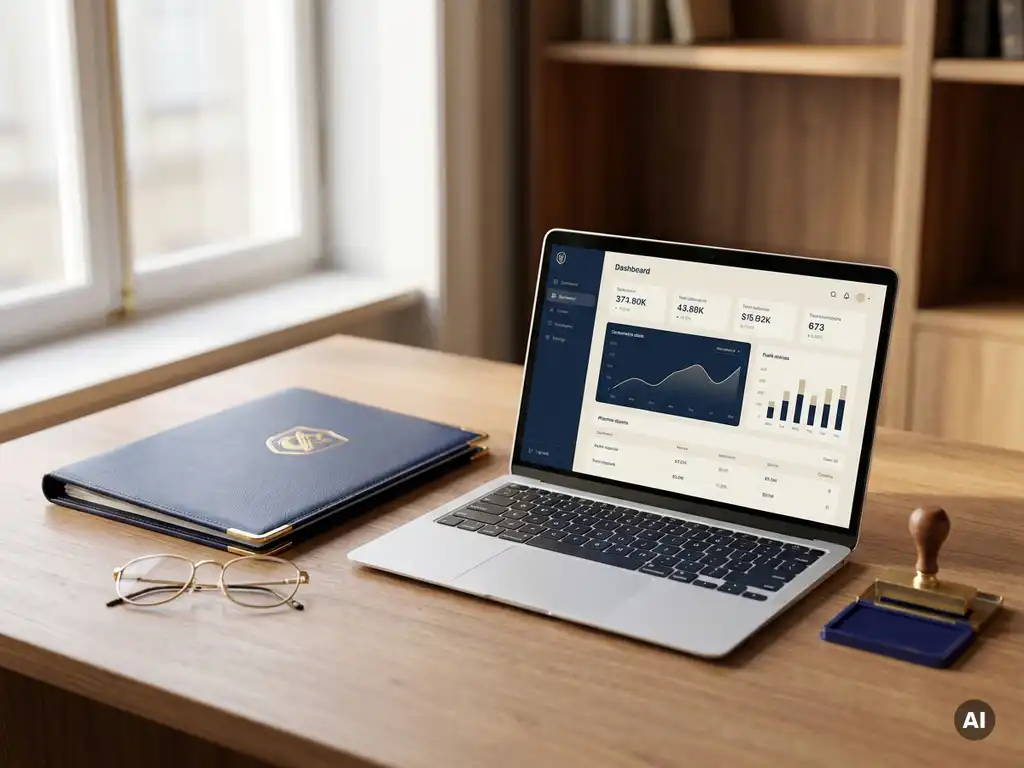 Verzekeringskantoor bureau met compliance-map, leesbril, laptop met dashboard en administratief stempel in marineblauw en gebroken wit.
