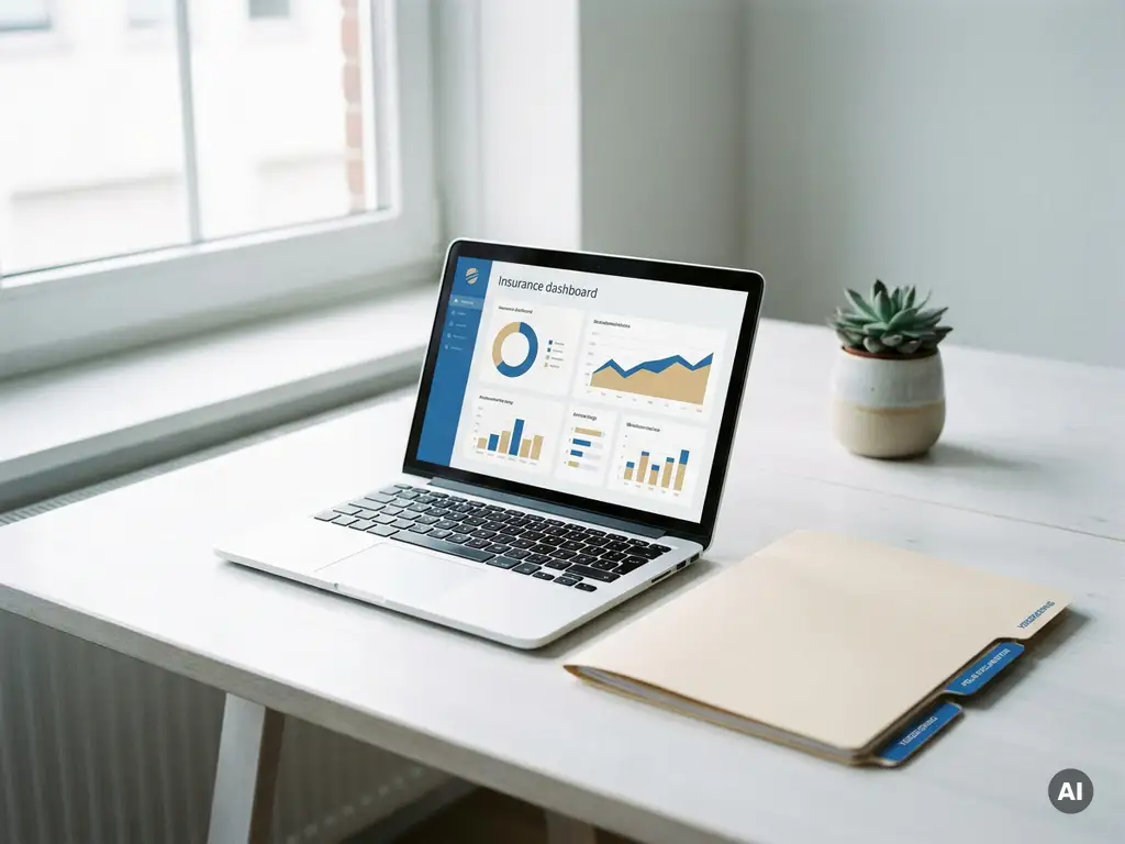 Laptop met verzekeringsdashboard op minimalistisch wit bureau naast geordende polisdocumenten, natuurlijk daglicht vanuit kantoorvenster.