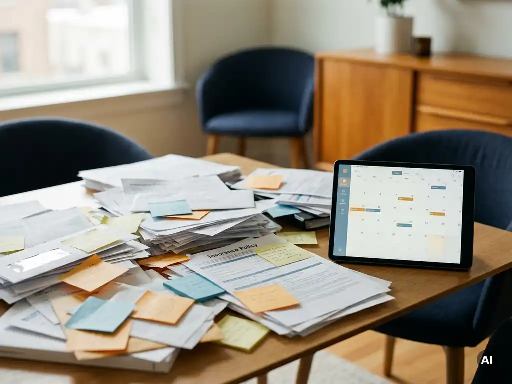 Rommelig bureau bezaaid met ongetekende verzekeringsdocumenten en sticky notes, naast een overzichtelijke digitale tablet in warm natuurlijk licht.