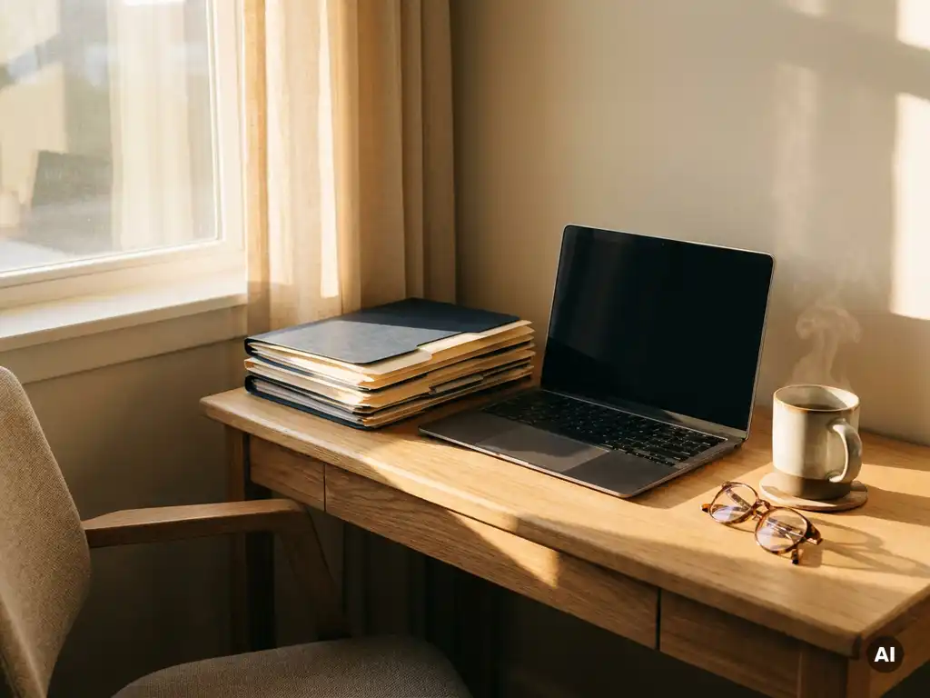 Opgeruimd verzekeringskantoor bureau met beleidsmap, laptop, leesbril en dampende koffie in warm ochtendlicht.