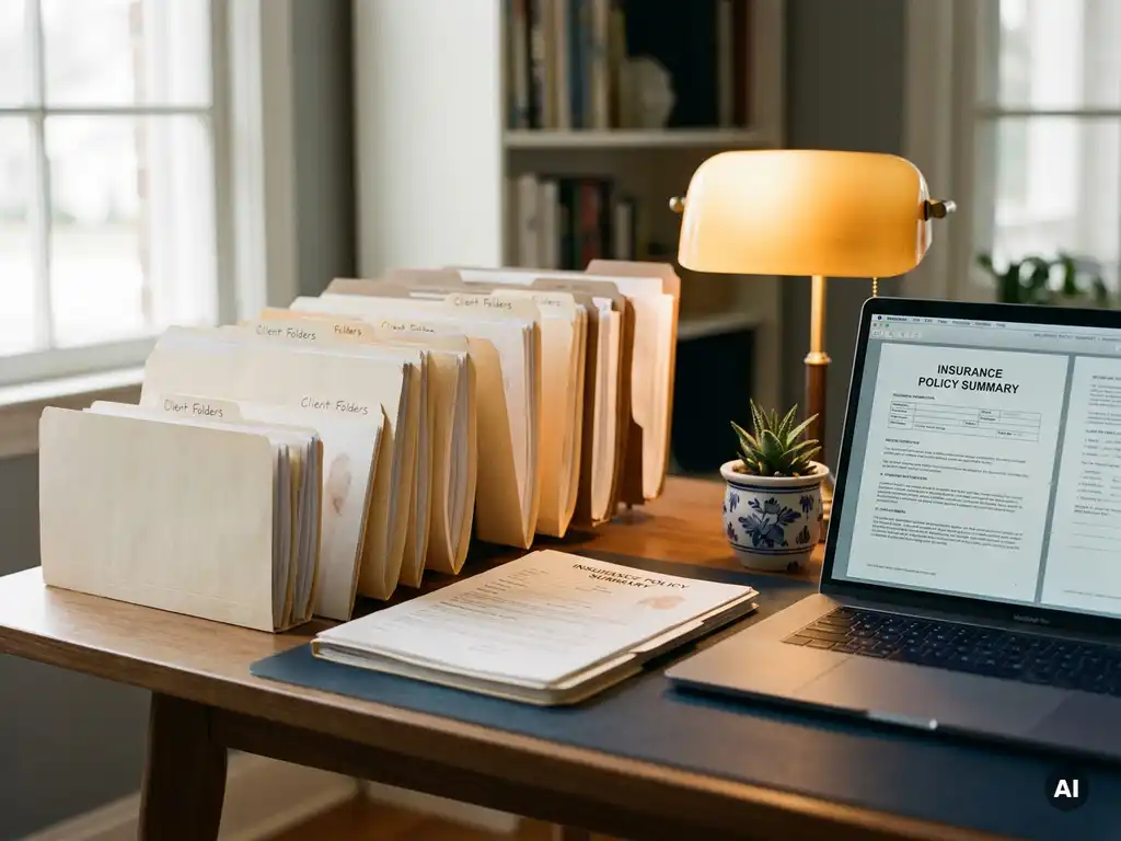 Verzekeringskantoor bureau met gesorteerde clientmappen, laptop met polisdocumenten en kamerplant in warm natuurlijk licht.