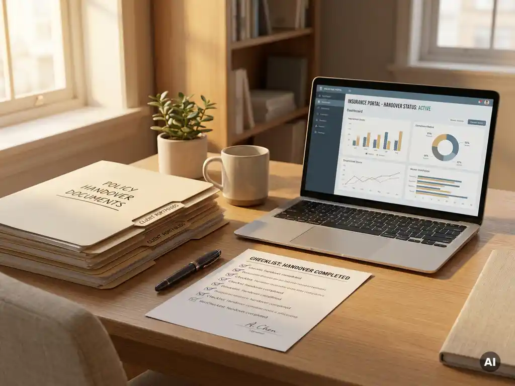 Verzekeringskantoor bureau met gelabelde mappen, ondertekende checklist en open laptop tijdens een zorgvuldig overdrachtsproces.