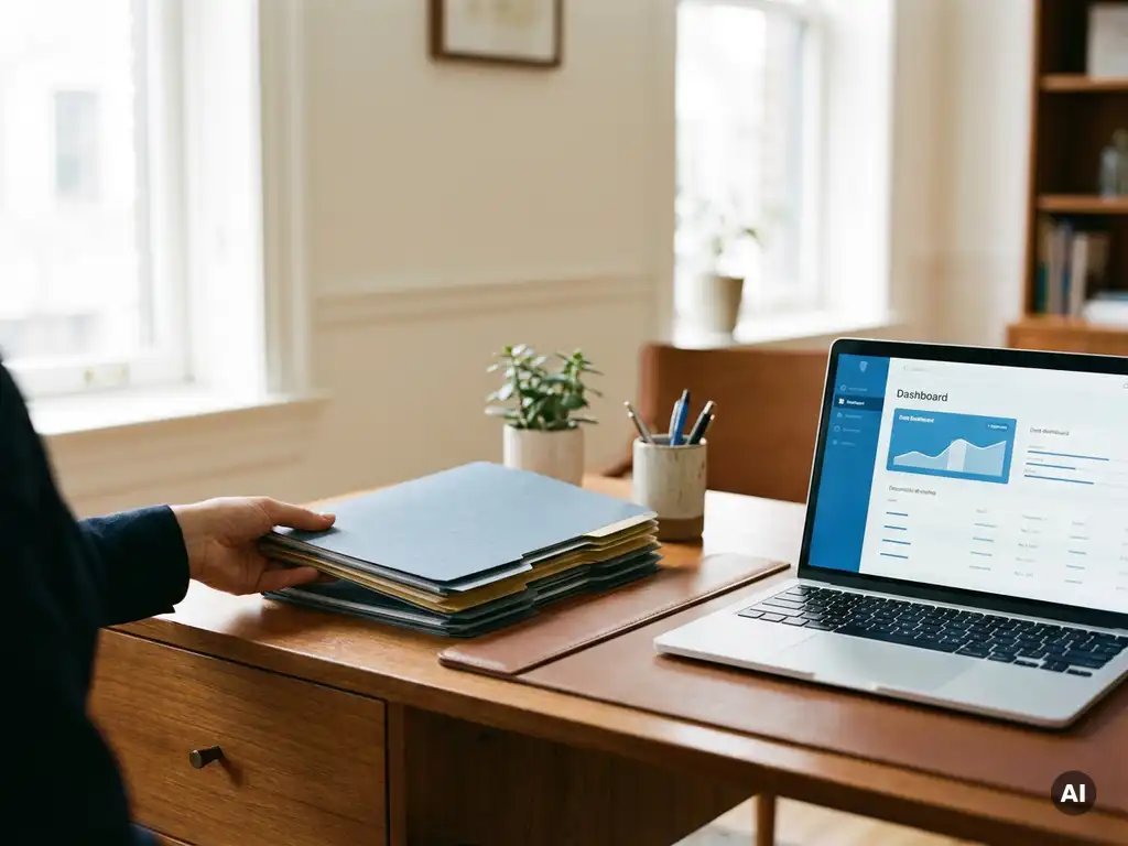 Verzekeringskantoor bureau met geordende polismappen, open laptop met dashboard en warm natuurlijk licht door een groot raam.