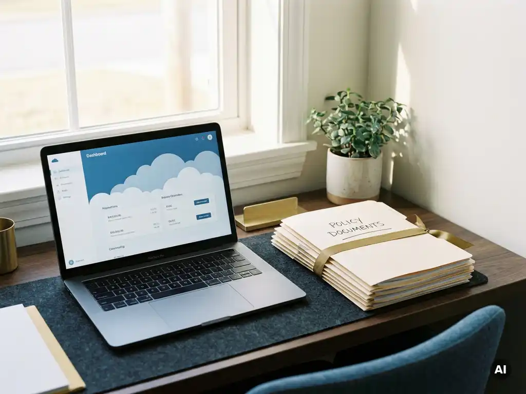 Verzekeringskantoor bureau met open laptop met clouddashboard, gestapelde polisdocumenten en klein potplantje in zacht natuurlijk licht.
