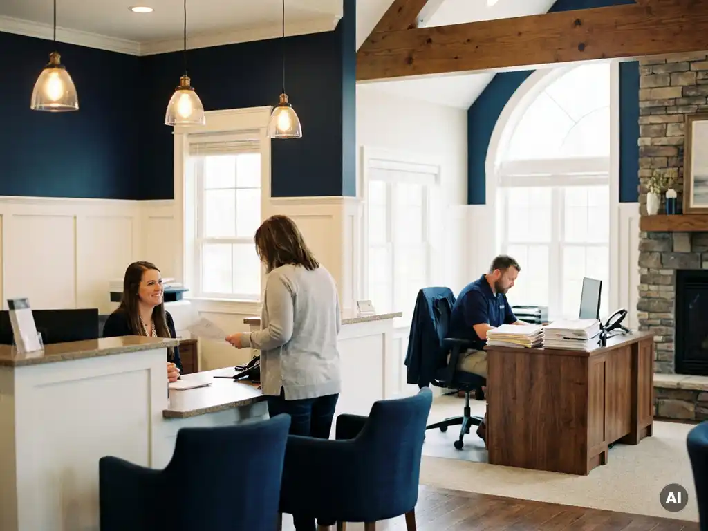 Verzekeringskantoor met receptiebalie op de voorgrond en medewerker die polisdocumenten beoordeelt op de achtergrond.