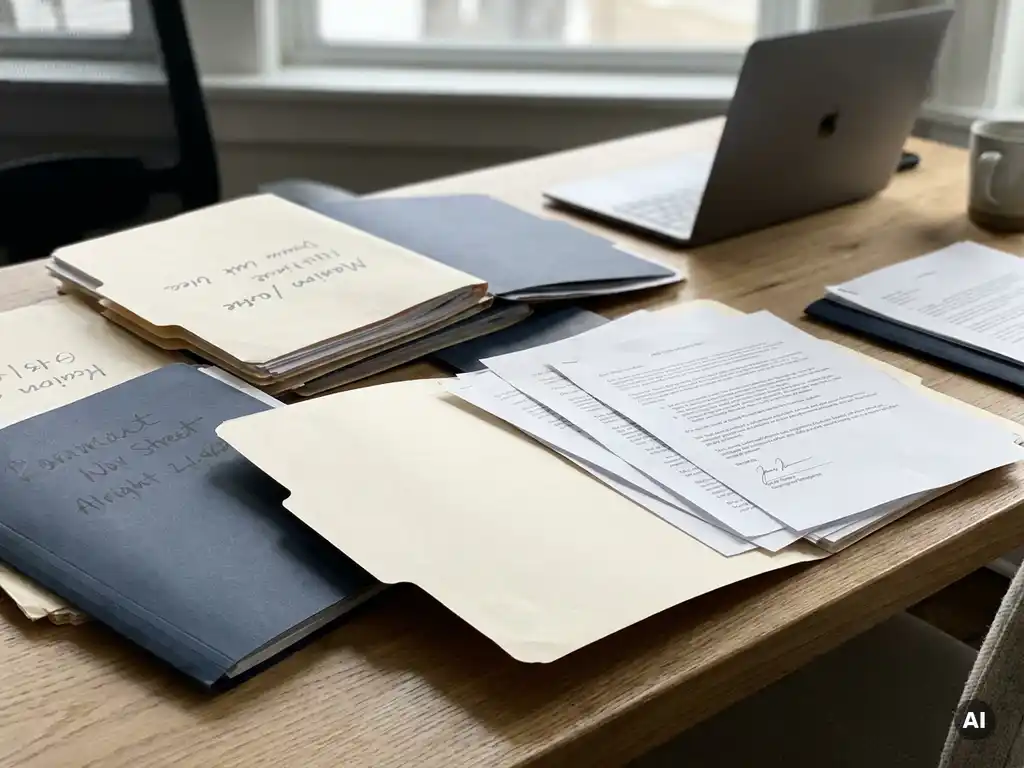 Stapel wanordelijke verzekeringsdossiers op kantoorbureau, één map open met ongetekende documenten, laptop op de achtergrond.