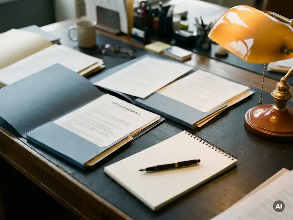 Bureau met opengespreide offertemappen van verzekeraars, een Nederlandse verzekeringspolis en een notitieboek met pen in warm kantoorlicht.