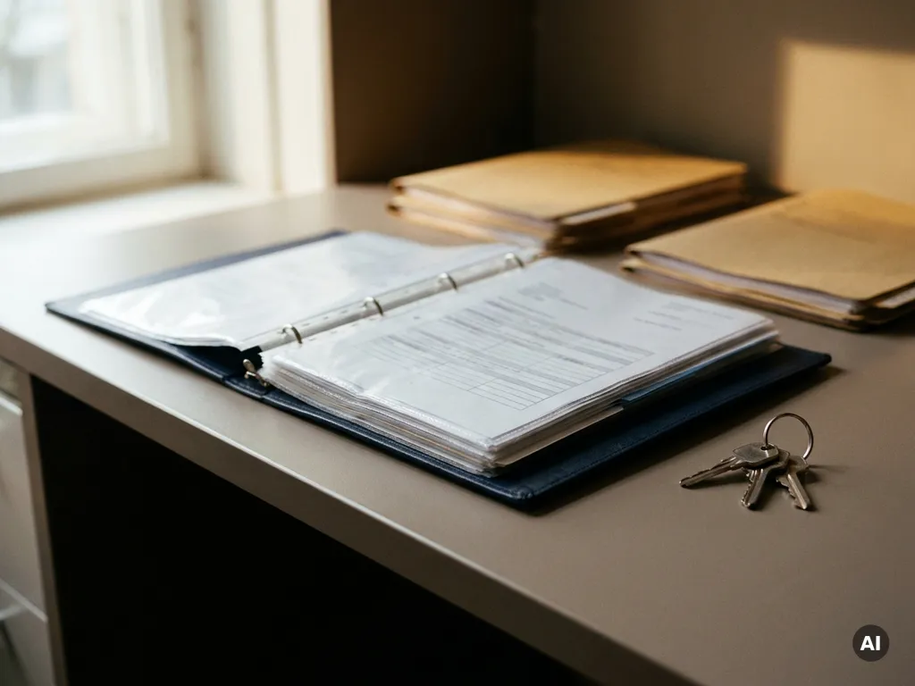 Open verzekeringspolis op kantoorbureau met sleutels ernaast, gesuggereerd overdracht van beheer, zachte natuurlijke belichting.