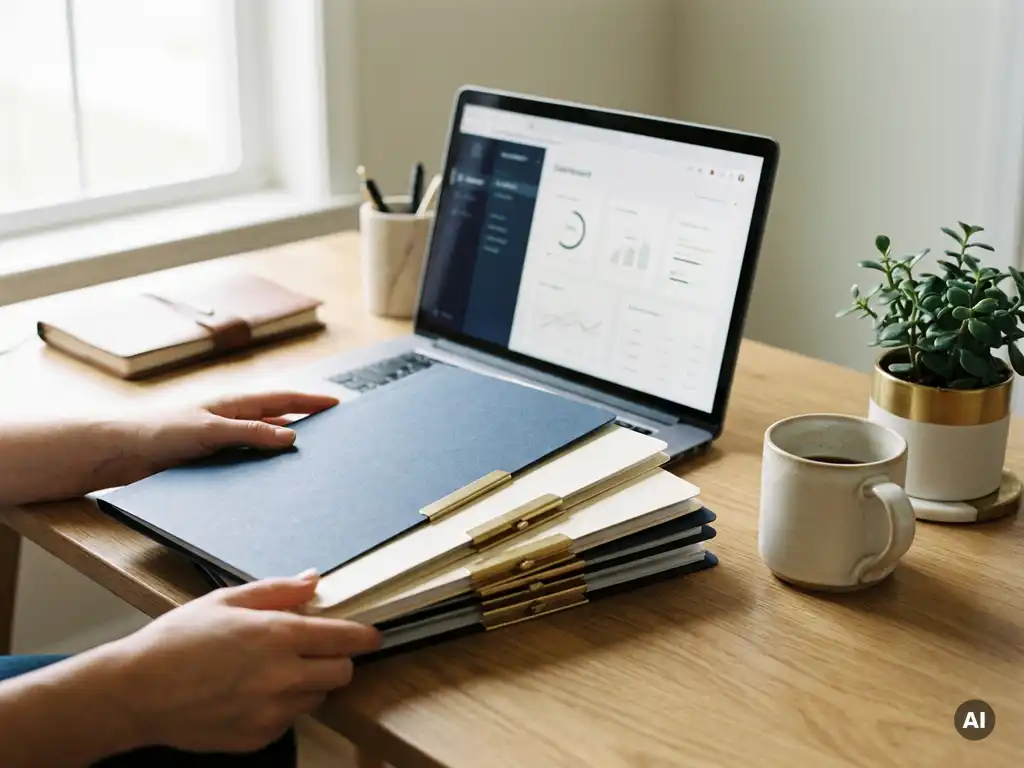 Verzekeringsdossiers worden overhandigd bij een opgeruimd bureau met laptop, kamerplant en koffiemok in warm kantoorlicht.