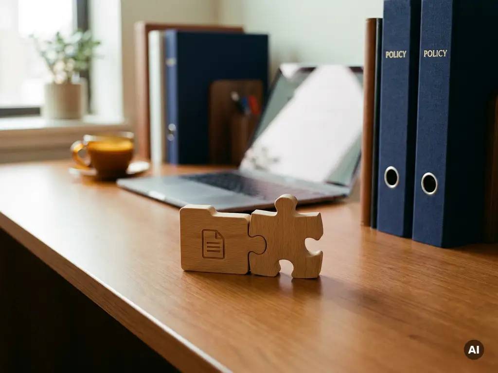 Twee puzzelstukjes klikken samen op een modern bureau met laptop, polismappen en koffiekop, symboliserend een verzekeringspartnerschap.