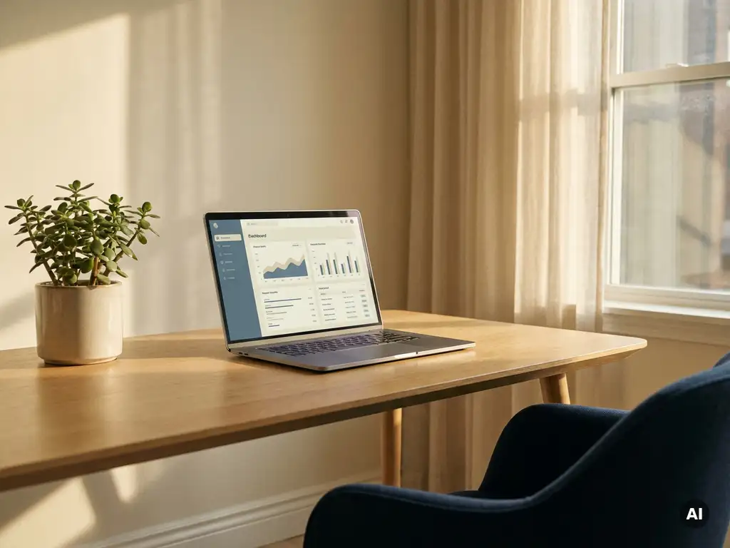 Opgeruimd bureau van een verzekeringsadviseur met open laptop, dashboardscherm en potplant in warm natuurlijk licht.